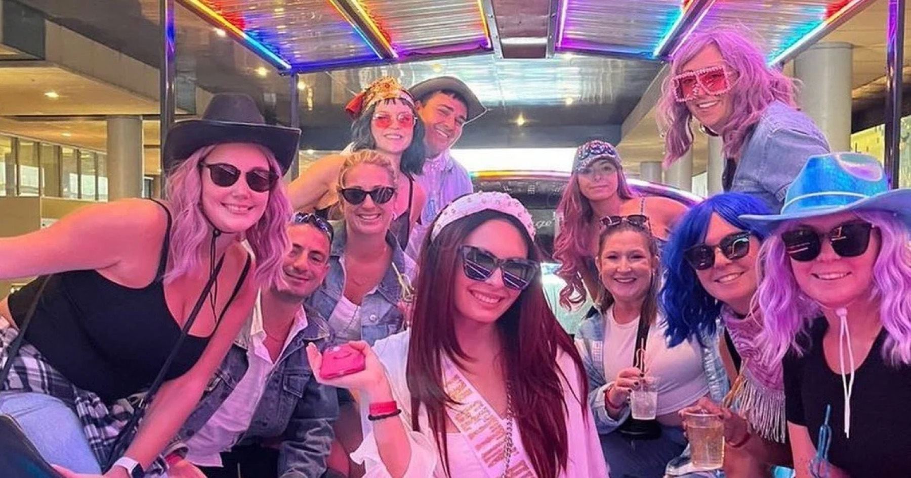 A bachelorette group on the Honky Tonk Express party bus