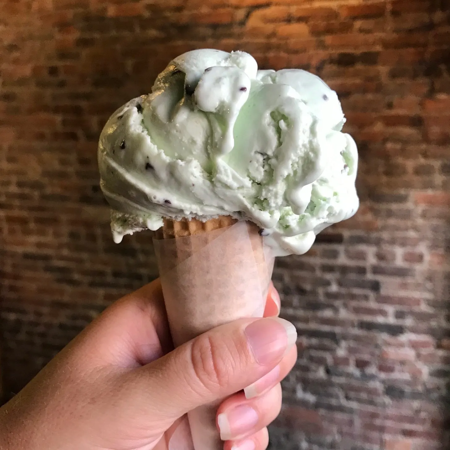 A mint chip ice cream cone at Mike's Ice Cream in downtown Nashville